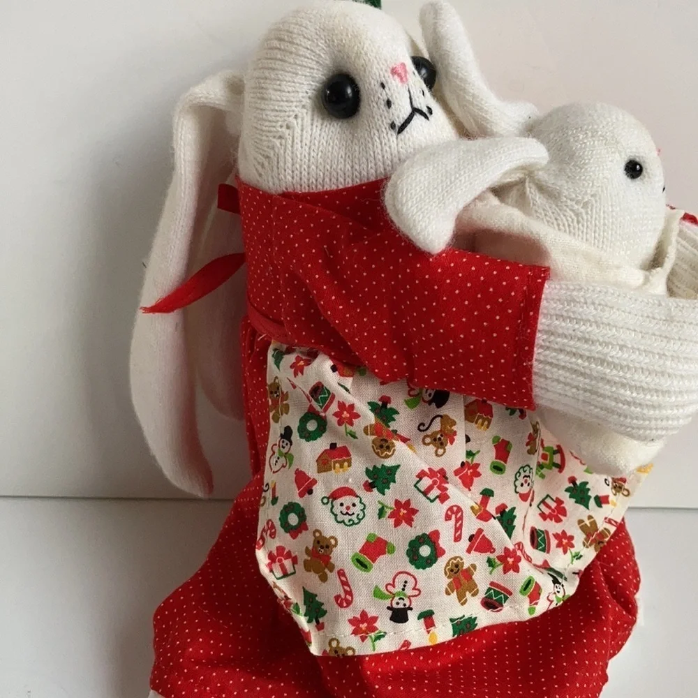 Vintage 80s Christmas sock bunny and baby red dress and Christmas print apron